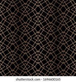 Art deco trellis lines seamless pattern vector graphic design. Black and gold geometric art deco wallpaper interior repeating pattern thin lines. Vintage luxurious style.