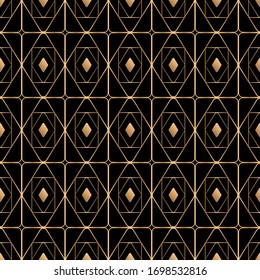 Art deco trellis lines seamless pattern vector graphic design. Black and gold geometric art deco wallpaper interior repeating pattern thin lines. Vintage luxurious style.