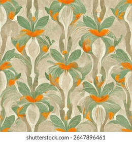 Art Deco, padrão floral tropical em verde sábio e laranja em um fundo bege, padrão ikat de linhas grunge, padrão sem emenda ikat, fundo de ilustração de vetor para imprimir o papel.