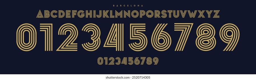 Art-Deco-Typografie, fette geometrische lineare Zahlen und Buchstaben, dekorative Luxus-Schriftart für elegante Event-Einladungen, anspruchsvolle Produktverpackung, Sport-Branding, Trikot-Nummern, Team-Merchandise