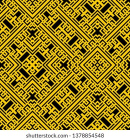 Art Deco Vector damask seamless retro pattern background oriental spiral check cross lattice tracery frame line black yellow