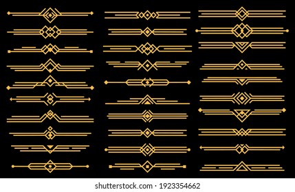 Art deco vector elements dividers or headers. Decorative line borders or frames in geometric victorian style, elegant vintage design, antique bordering symbols isolated on black background, icons set