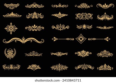 Art deco vector elements dividers or headers. Decorative line borders or frames in geometric victorian style, elegant vintage design, antique bordering symbols isolated on black background,