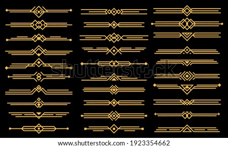 Art deco vector elements dividers or headers. Decorative line borders or frames in geometric victorian style, elegant vintage design, antique bordering symbols isolated on black background, icons set Foto stock © 