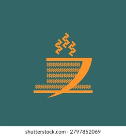 Art Deco vector emblem presenting a highly stylized cup sign that seamlessly unifies the concepts of hot coffee and tea. Vintage cafeteria insignia inspired by the roaring 20s aesthetic and classic 1920-1929 or 1930-1939 retro style. Sophisticated linear graphic showcasing a conditional minimalist shape with elegant abstract steam lines. Clean symmetrical layout, perfect for premium coffeehouse branding, luxury beverage packaging, and chic restaurant menu identity details in teal and golden colors.