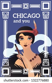 Art Deco vector greeting card template. Beautiful woman with a cigarette from the 1930s. Chicago. Background for design and decoration. Art Deco Invitation Design with a Woman. Great gatsby