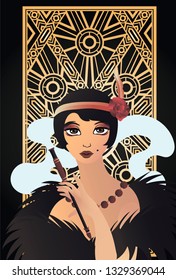 Art Deco vector greeting card template. Beautiful woman with a cigarette from the 1930s. Chicago. Golden abstract geometric background. Art deco style, trendy vintage design element. Gold art deco