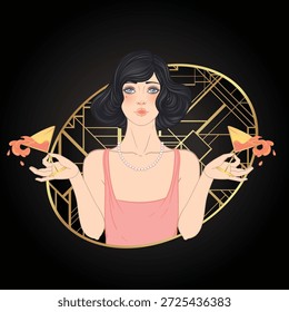 Art Deco vector illustration of a flapper girl in 1920s style, featuring soft dusty rose and gold tones. Elegant and modern design, ideal for fashion prints, posters