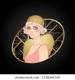 Art Deco vector illustration of a flapper girl in 1920s style, featuring soft dusty rose and gold tones. Elegant and modern design, ideal for fashion prints, posters