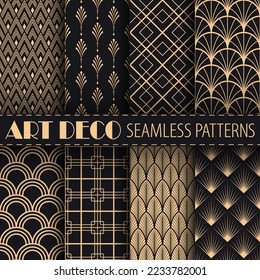 Art deco vector seamless patterns collection. Classic geometric  gold ornaments on black background. Best for textile, home decor, wallpapers, wrapping paper, package and web design.