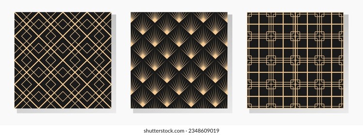 Art deco vector seamless patterns collection. Classic geometric  gold ornaments on black background. Best for textile, home decor, wallpapers, wrapping paper, package and your design.