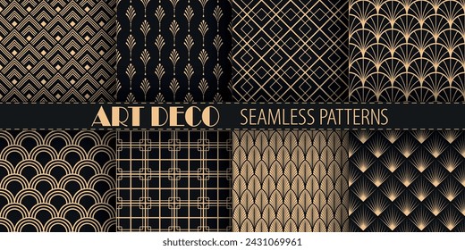 Art deco vector seamless patterns collection. Classic geometric gold ornaments on black background. Best for textile, wallpapers, wrapping paper, package and web design.