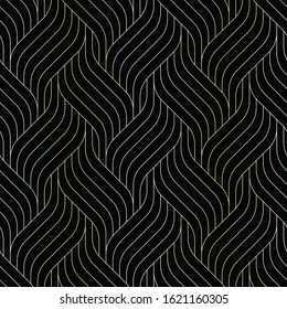 Art Deco vector semless pattren. Vintage linear geometric decorative print. Retro luxury wallpaper. Sparkling gold thin grid, dark background.