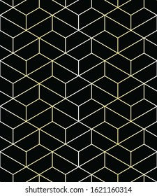 Art Deco Vector Semless Pattren. Vintage Linear Geometric Decorative Print. Retro Luxury Wallpaper. Sparkling Gold Thin Hexagonal Grid, Dark Background.