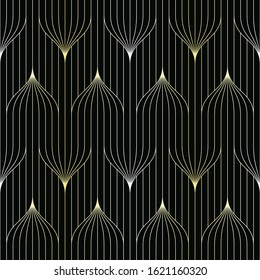 Art Deco vector semless pattren. Vintage linear geometric decorative print. Retro luxury wallpaper. Sparkling gold thin grid, dark background.