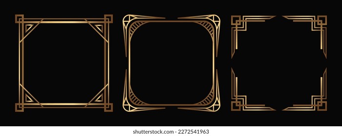 Art Deco vector square Social Media templates. Isolated linear fancy gold frames on black background