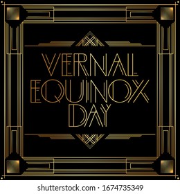 Art Deco Vernal Equinox Day poster, holiday in Japan on March 21st. Golden decorative greeting card, sign with vintage letters.