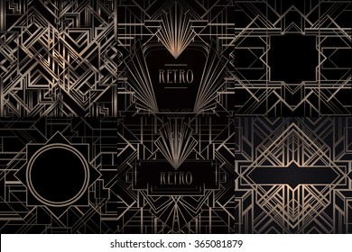 Art Deco vintage bronze patterns and frames over black. Retro party geometric background set (1920's style). Vector illustration for glamour party, thematic wedding or textile prints.