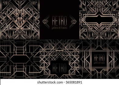 Art Deco vintage bronze patterns and frames over black. Retro party geometric background set (1920's style). Vector illustration for glamour party, thematic wedding or textile prints.