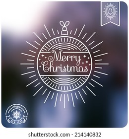 Art Deco Vintage Christmas greeting card. Sun burst frame. Great for retro style projects. Vector illustration. Blurred winter background.