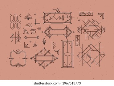 Art deco vintage design elements drawing in line style on powder coral background