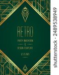 Art Deco vintage gold patterns over dark green, frames and design elements. Retro party geometric background set 1920s style. Vector illustration for glamour party