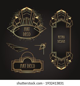 Art Deco vintage gold patterns over black, frames and design elements. Retro party geometric background set (1920's style). Vector illustration for glamour party, thematic wedding or textile prints.