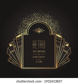 Art Deco vintage gold patterns over black, frames and design elements. Retro party geometric background set (1920's style). Vector illustration for glamour party, thematic wedding or textile prints.