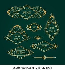 Patrones de oro vintage Art Deco sobre verde oscuro, marcos y Elementos de diseño. Conjunto de fondo geométrico de fiesta retro, estilo años 20. Ilustración vectorial para fiesta de glamour