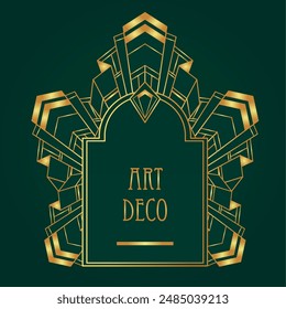 Art Deco vintage gold patterns over dark green, frames and design elements. Retro party geometric background set,1920s style. Vector illustration for glamour party