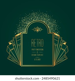 Art Deco vintage gold patterns over dark green, frames and design elements. Retro party geometric background set,1920s style. Vector illustration for glamour party