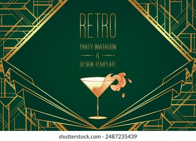 Art Deco vintage gold patterns over dark green, frames and design elements. Retro party geometric background set 1920s style. Vector illustration for glamour party