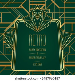 Art Deco vintage gold patterns over dark green, frames and design elements. Retro party geometric background set 1920s style. Vector illustration for glamour party