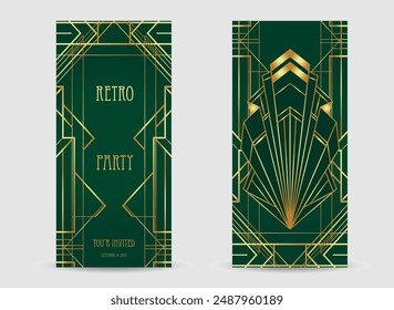 Art Deco vintage gold patterns over dark green, frames and design elements. Retro party geometric background set 1920s style. Vector illustration for glamour party
