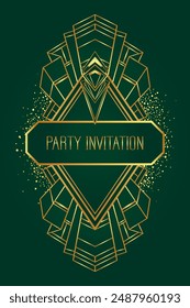 Art Deco vintage gold patterns over dark green, frames and design elements. Retro party geometric background set 1920s style. Vector illustration for glamour party