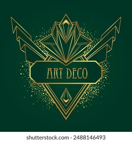 Art Deco vintage gold patterns over dark green, frames and design elements. Retro party geometric background set 1920s style. Vector illustration for glamour party