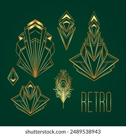 Art Deco vintage gold patterns over dark green, frames and design elements. Retro party geometric background set 1920s style. Vector illustration for glamour party