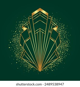 Art Deco vintage gold patterns over dark green, frames and design elements. Retro party geometric background set 1920s style. Vector illustration for glamour party