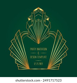Art Deco vintage gold patterns over dark green, frames and design elements. Retro party geometric background set 1920s style. Vector illustration for glamour party
