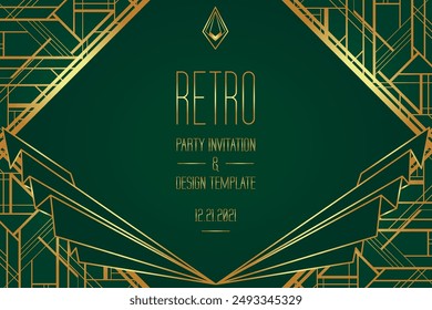 Art Deco vintage gold patterns over dark green, frames and design elements. Retro party geometric background set 1920s style. Vector illustration for glamour party