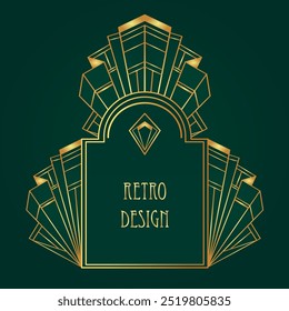 Motifs Art Déco vintage doré sur fond vert foncé, cadres et éléments de design. Ensemble d'arrière-plan géométrique de fête rétro style années 1920. Illustration vectorielle pour fête glamour, mariage thématique 