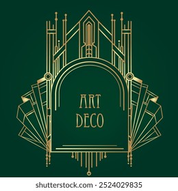 Art Deco vintage gold patterns over dark green, frames and design elements. Retro party geometric background set 1920s style. Vector illustration for glamour party,