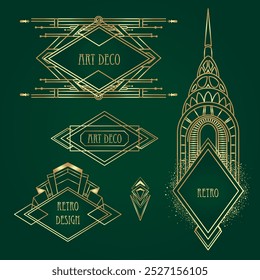 Art Deco vintage gold patterns over dark green, frames and design elements. Retro party geometric background set 1920s style. Vector illustration for glamour party,