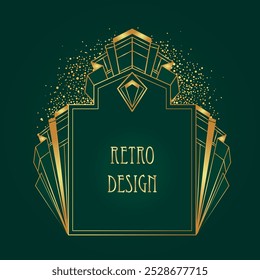 Art Deco vintage gold patterns over dark green, frames and design elements. Retro party geometric background set 1920s style. Vector illustration
