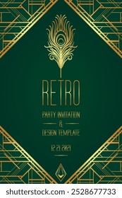 Art Deco vintage gold patterns over dark green, frames and design elements. Retro party geometric background set 1920s style. Vector illustration for glamour party