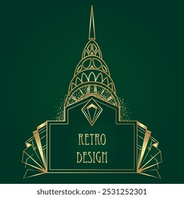 Art Deco vintage gold patterns over dark green, frames and design elements. Retro party geometric background set 1920s style. Vector illustration