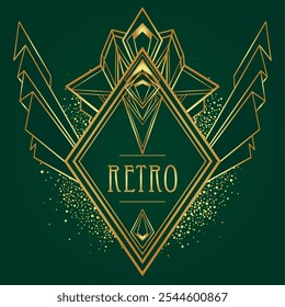 Art Deco vintage gold patterns over dark green, frames and design elements. Retro party geometric background set 1920s style. Vector illustration for glamour party