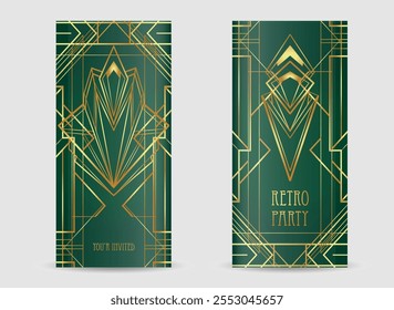 Art Deco vintage padrões de ouro sobre verde escuro, quadros e elementos de design. Conjunto de fundo geométrico do partido retrô estilo dos anos 1920. Ilustração vetorial para festa de glamour