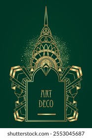 Art Deco vintage padrões de ouro sobre verde escuro, quadros e elementos de design. Conjunto de fundo geométrico do partido retrô estilo dos anos 1920. Ilustração vetorial para festa de glamour