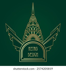 Art Deco vintage gold patterns over dark green, frames and design elements. Retro party geometric background set. Vector illustration for glamour party, thematic wedding